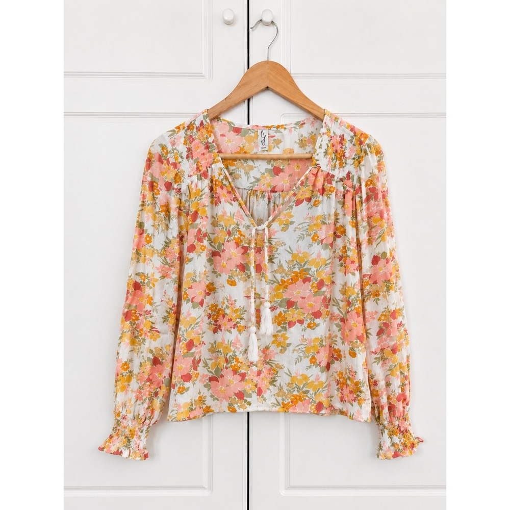 Joie Floral Peasant Blouse Women‎ Medium White Pink Metallic Tassel Tie